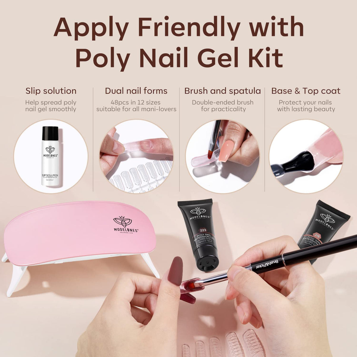 Finished nude poly gel nail extension showcasing glossy finish
