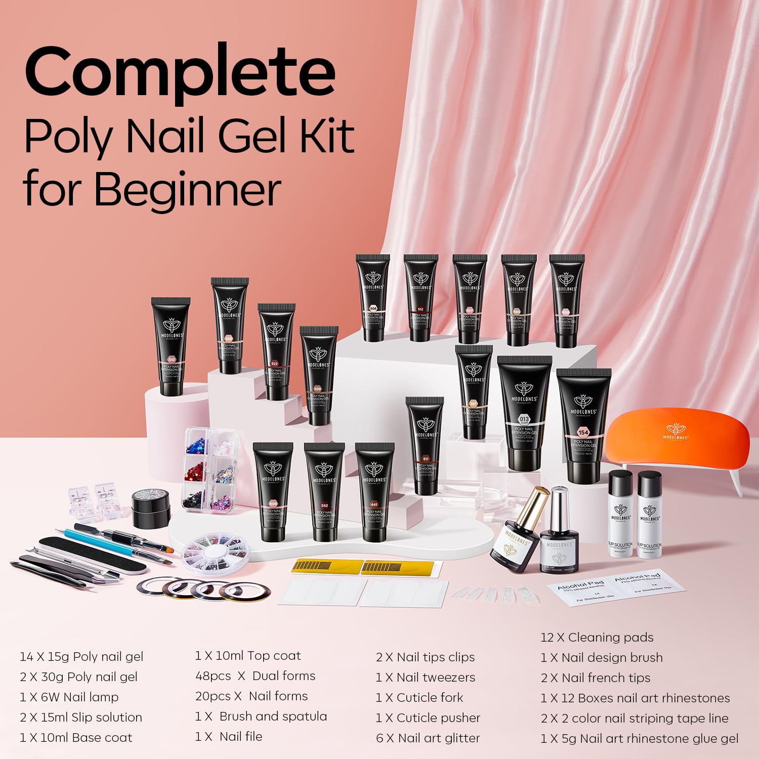 Modelones poly nail gel kit contents including tubes and tools
