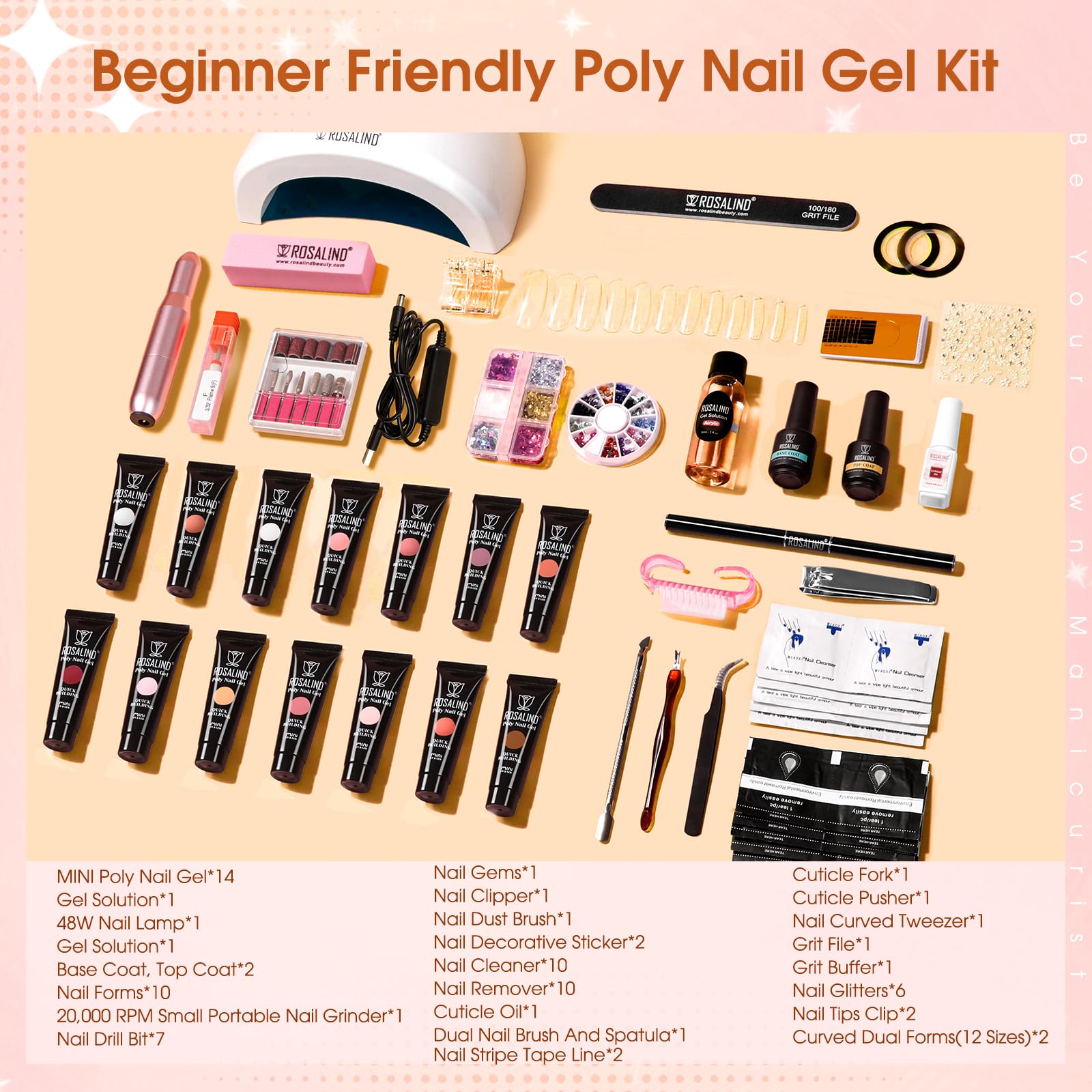 Close up of Rosalind poly gel shades and nail extension tools