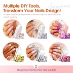 Step-by-step application of poly nail gel on dual forms.
