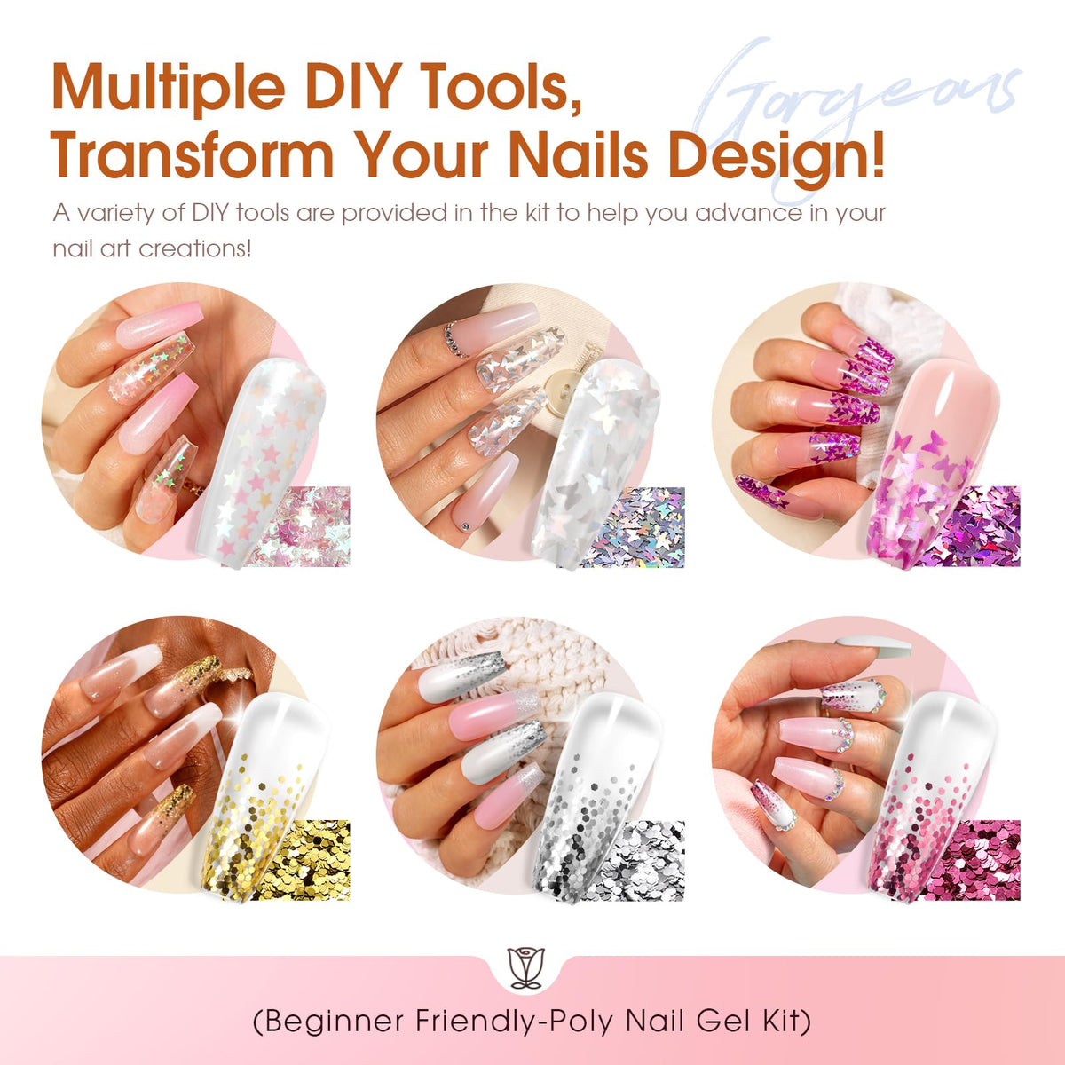 Step-by-step application of poly nail gel on dual forms.