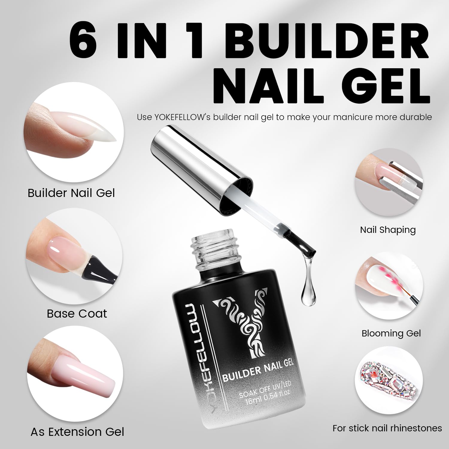 Yokefellow 6-in-1 builder gel texture on brush applicator