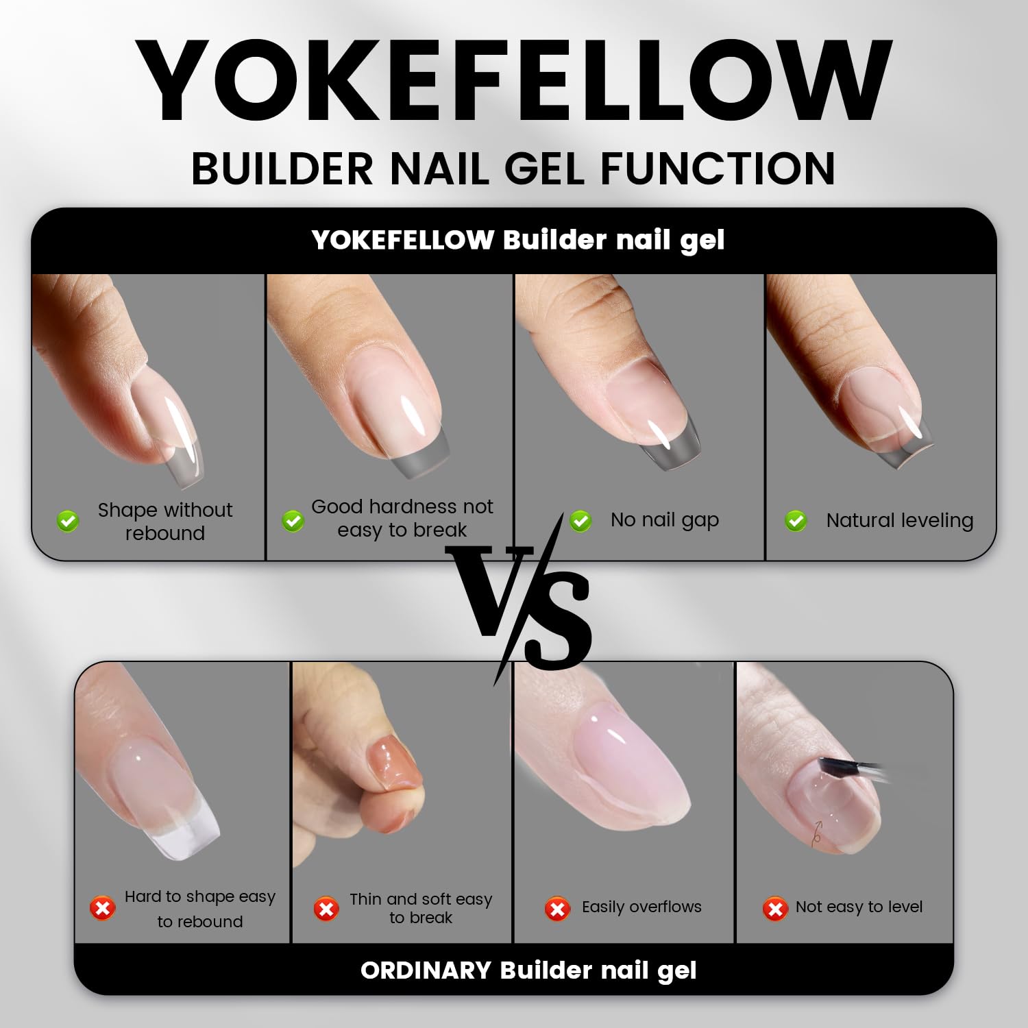 Hand with nail extensions using Yokefellow clear builder gel