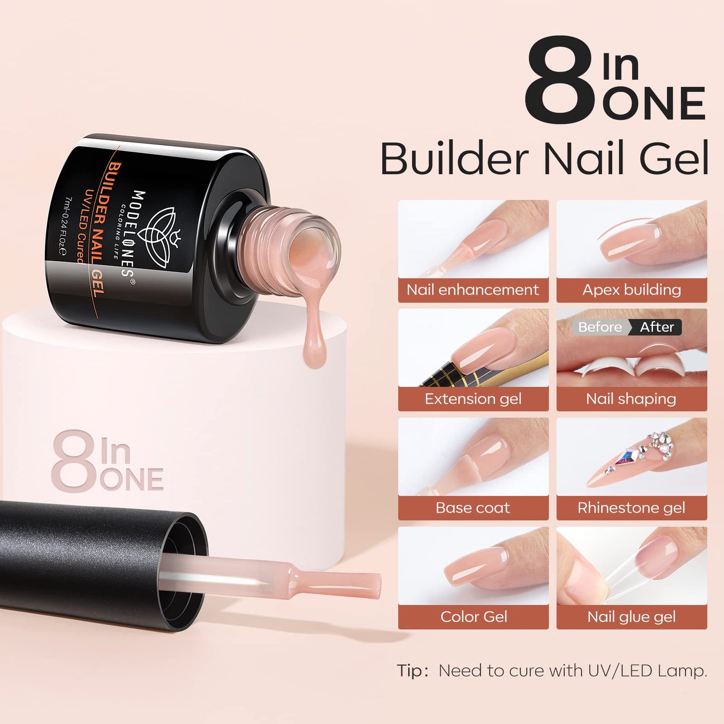 Close up of Modelones builder gel brush and consistency