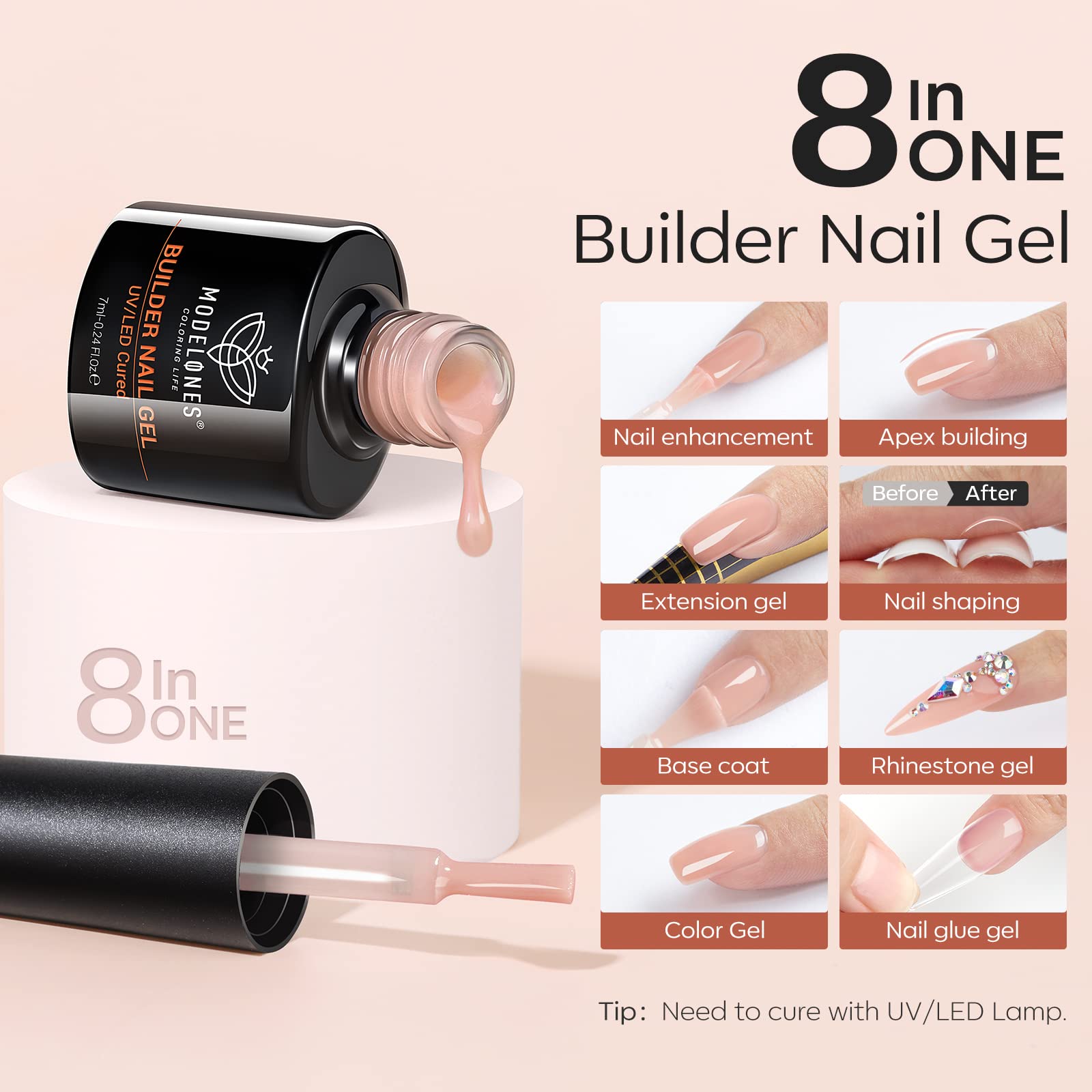 Close up of Modelones builder gel brush and consistency