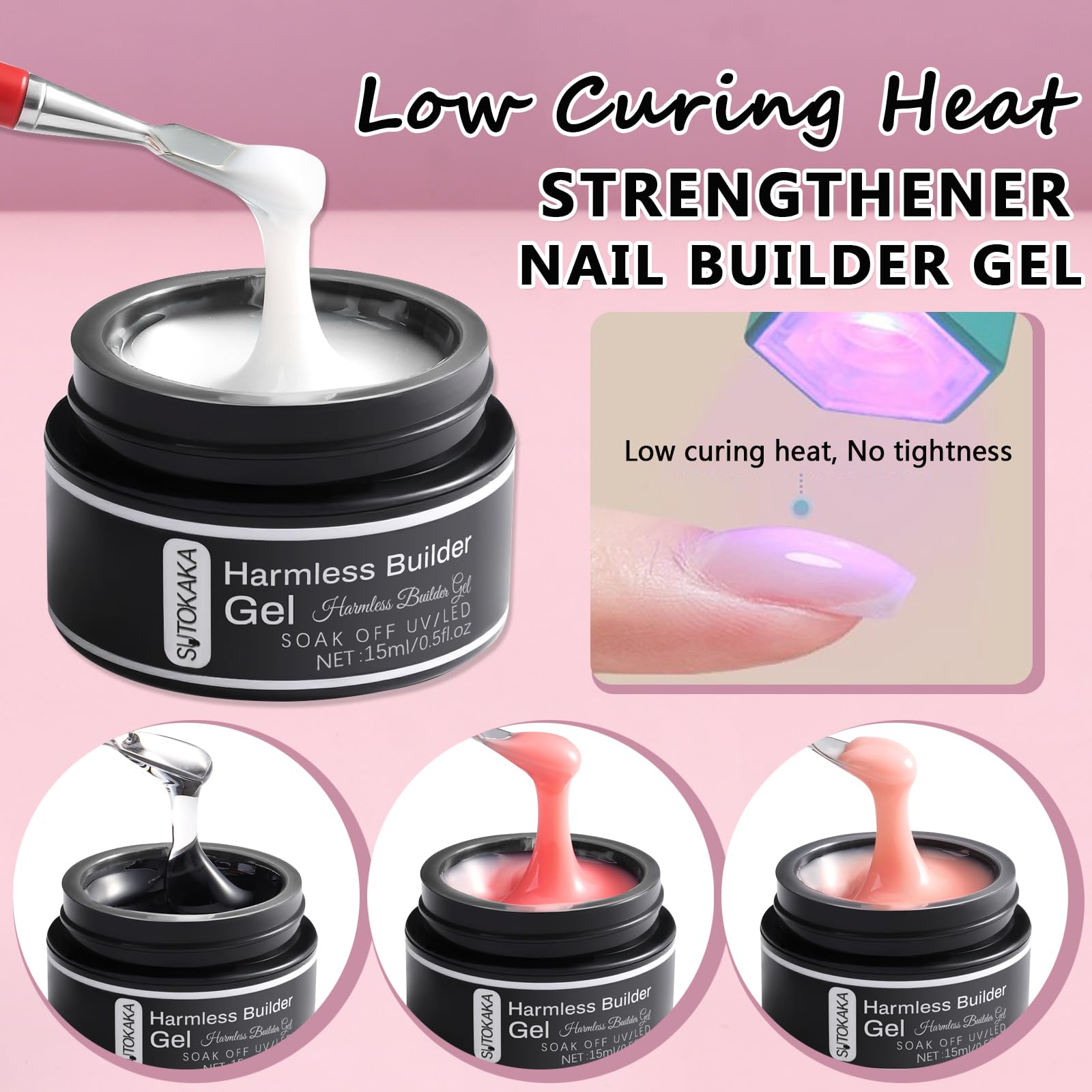 Four colors of Beauzy Professional nail builder gel swatches