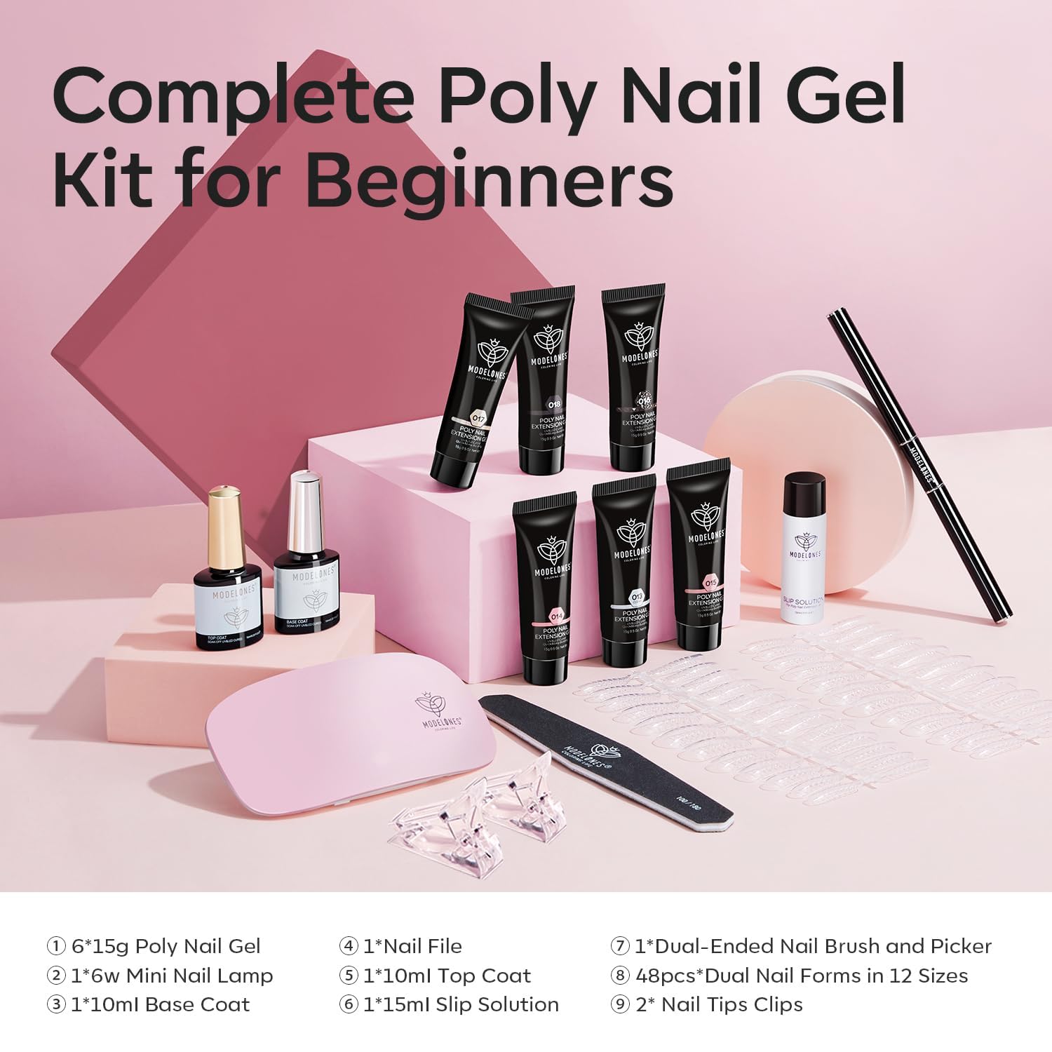 Modelones polygel kit components including lamp and brushes