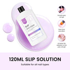 Aijimei slip solution displayed alongside nail art brushes and poly gel tubes.