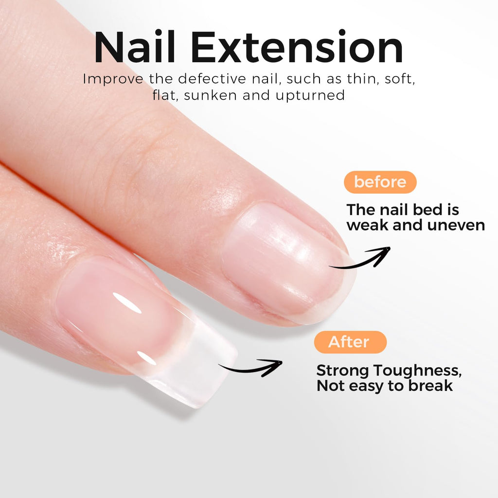 Demonstration of Tomicca builder gel being applied for nail extensions and natural nail strengthening.