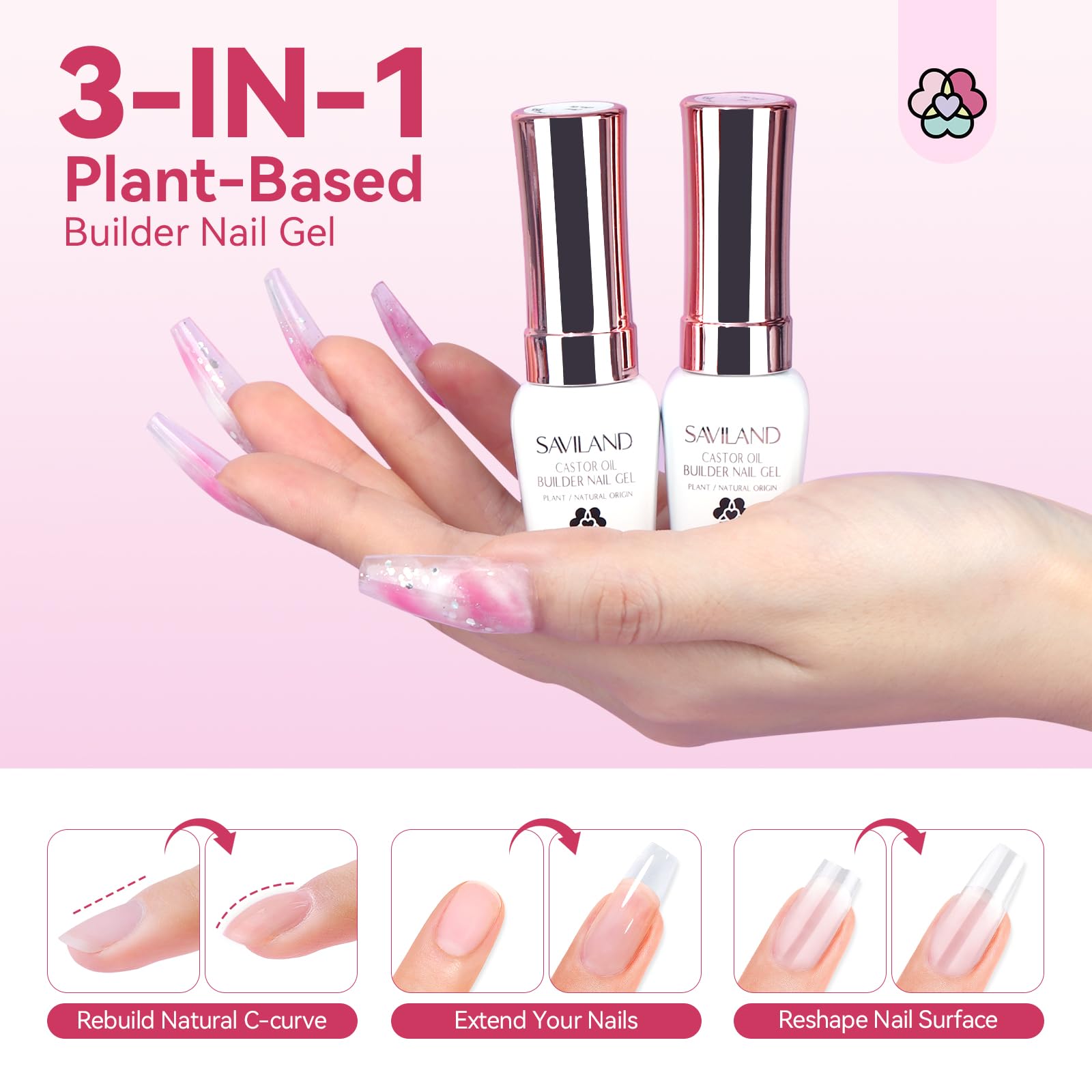 Hand model showing nail extension results with Saviland gel