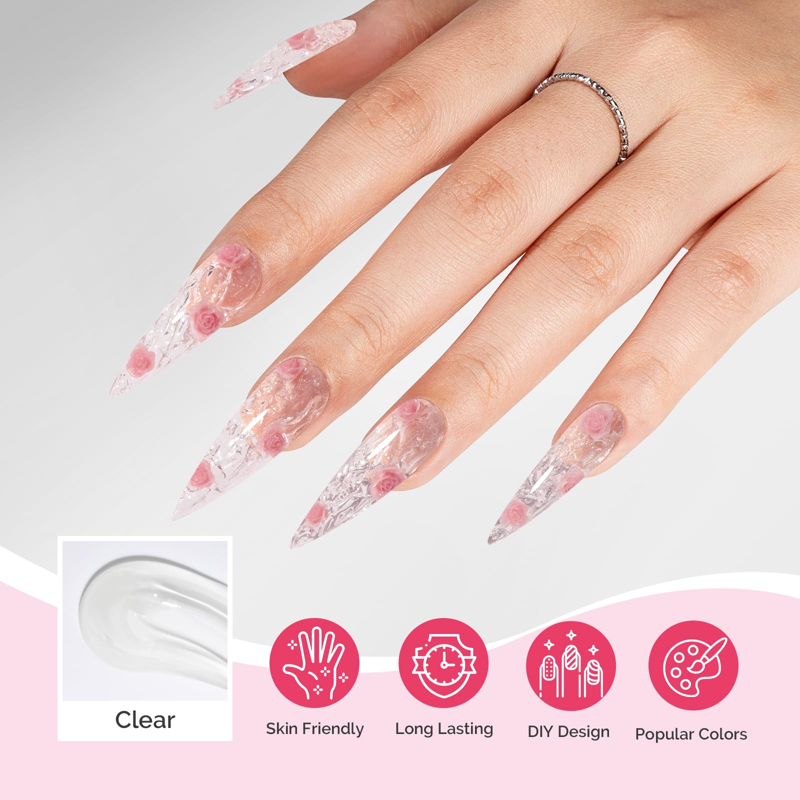 Model showing finished clear nail extension manicure