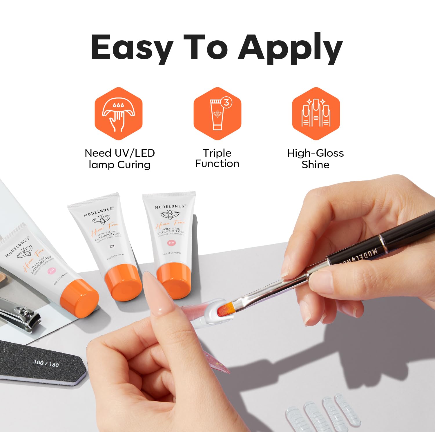 DIY nail extension process using Modelones poly gel and slip solution
