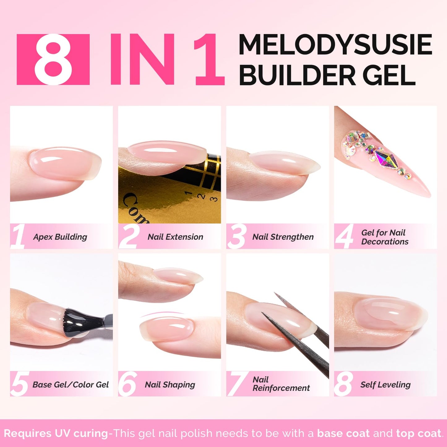 Model showing nail extension application using MelodySusie builder gel