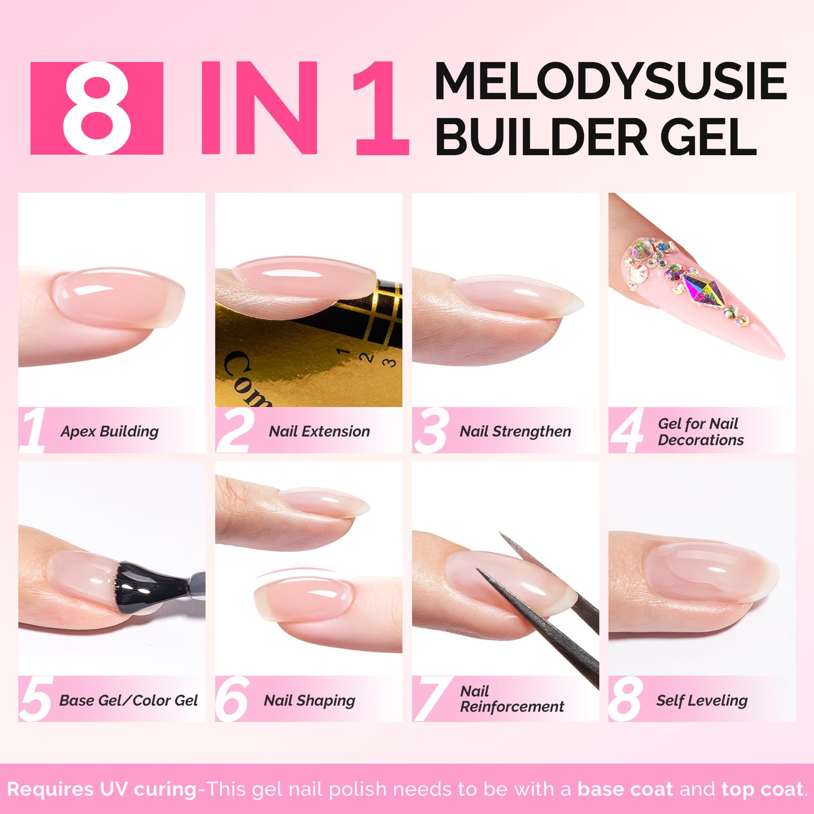 Model showing nail extension application using MelodySusie builder gel