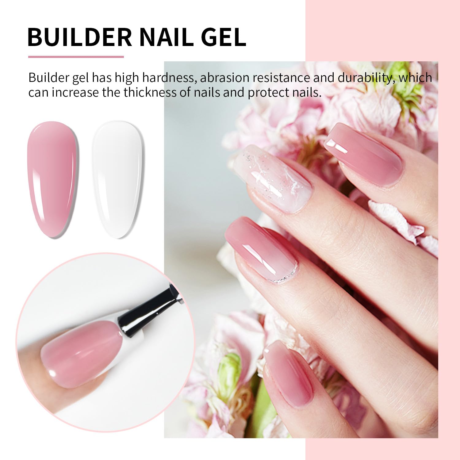 Four bottles of Jodsone builder gel in pink white clear and brown
