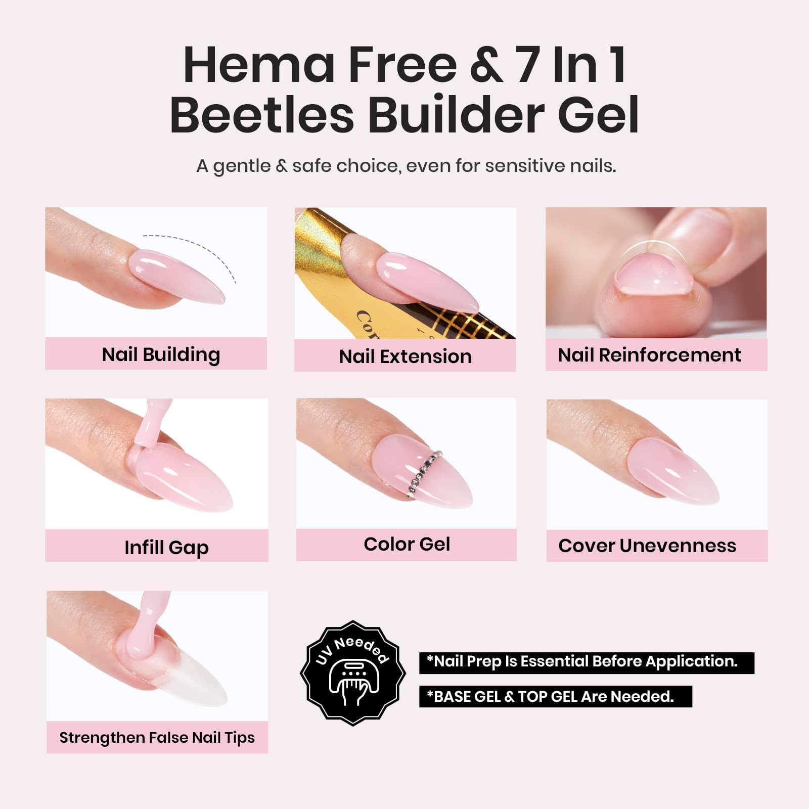 Step by step application of Beetles builder gel for natural nail apex