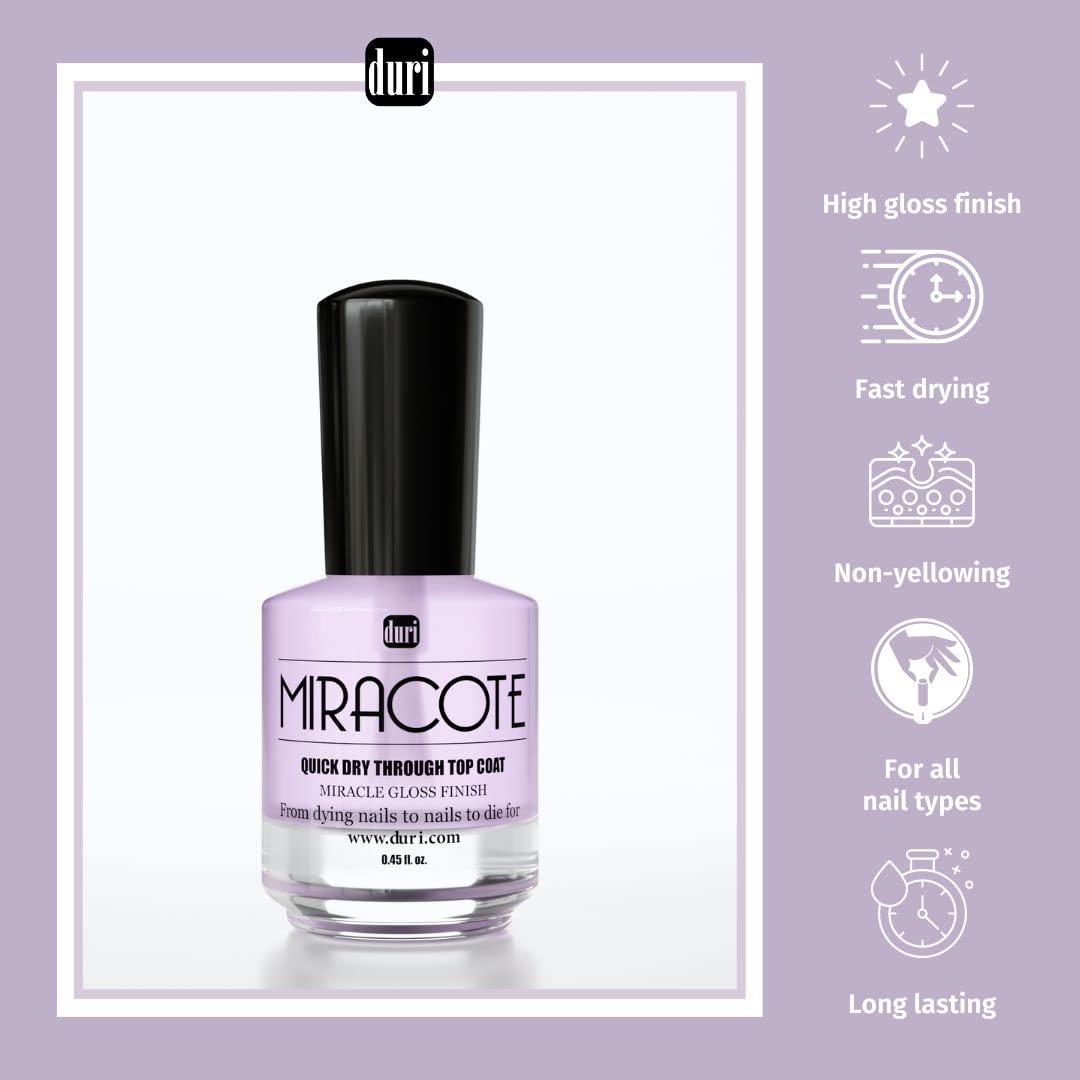 Two bottles of Duri Miracote fast dry clear gloss coat demonstrating application on natural nails.