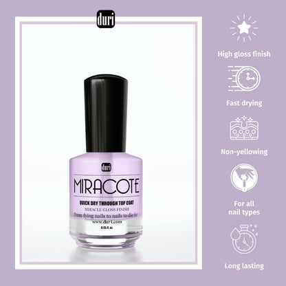 Two bottles of Duri Miracote fast dry clear gloss coat demonstrating application on natural nails.