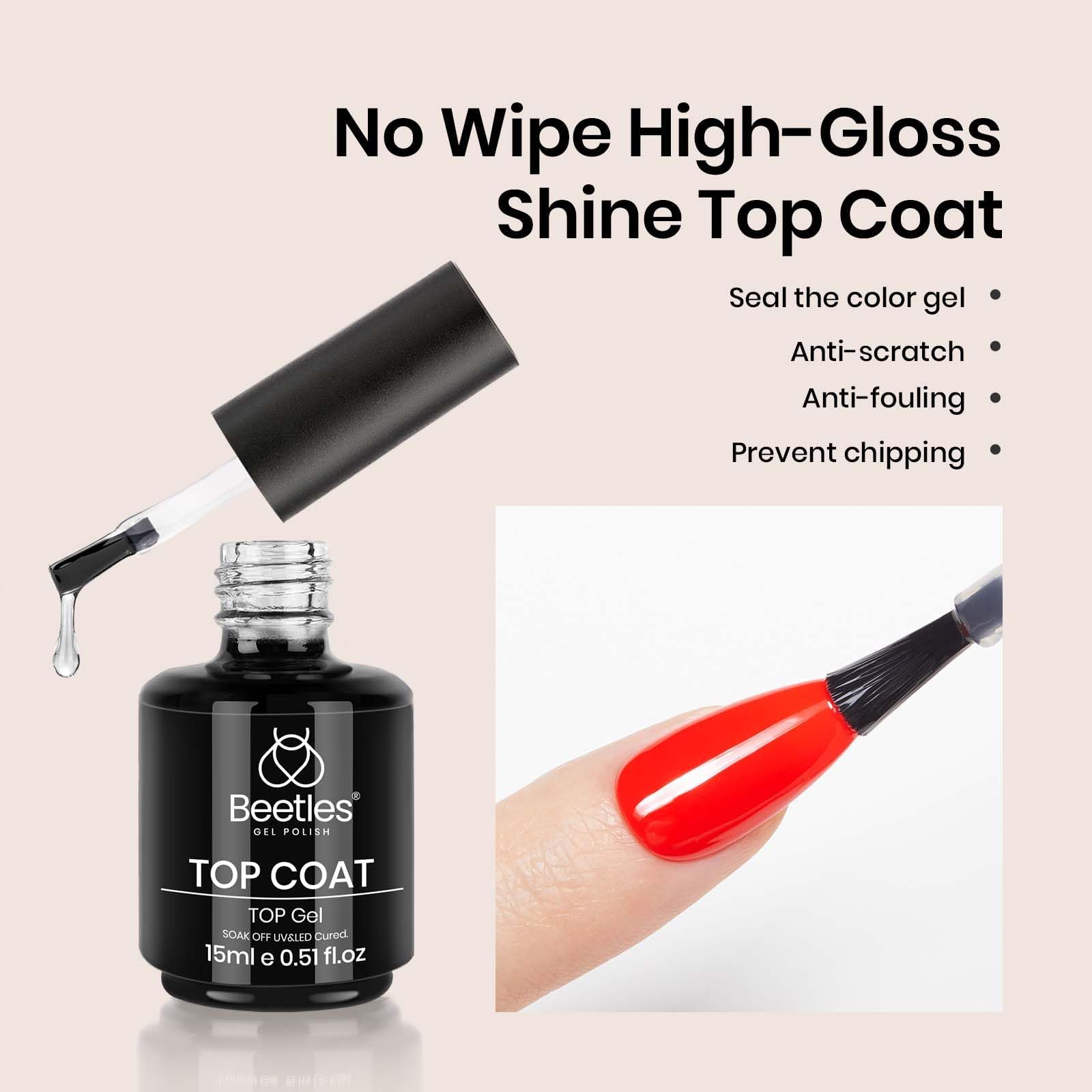 Clear color gel top coat liquid gloss texture showcasing the smooth application brush design