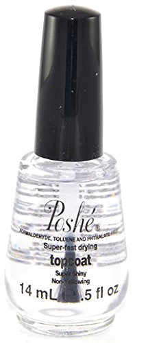 Poshe quick dry glossy top coat glass bottle with applicator brush showing clear polish liquid