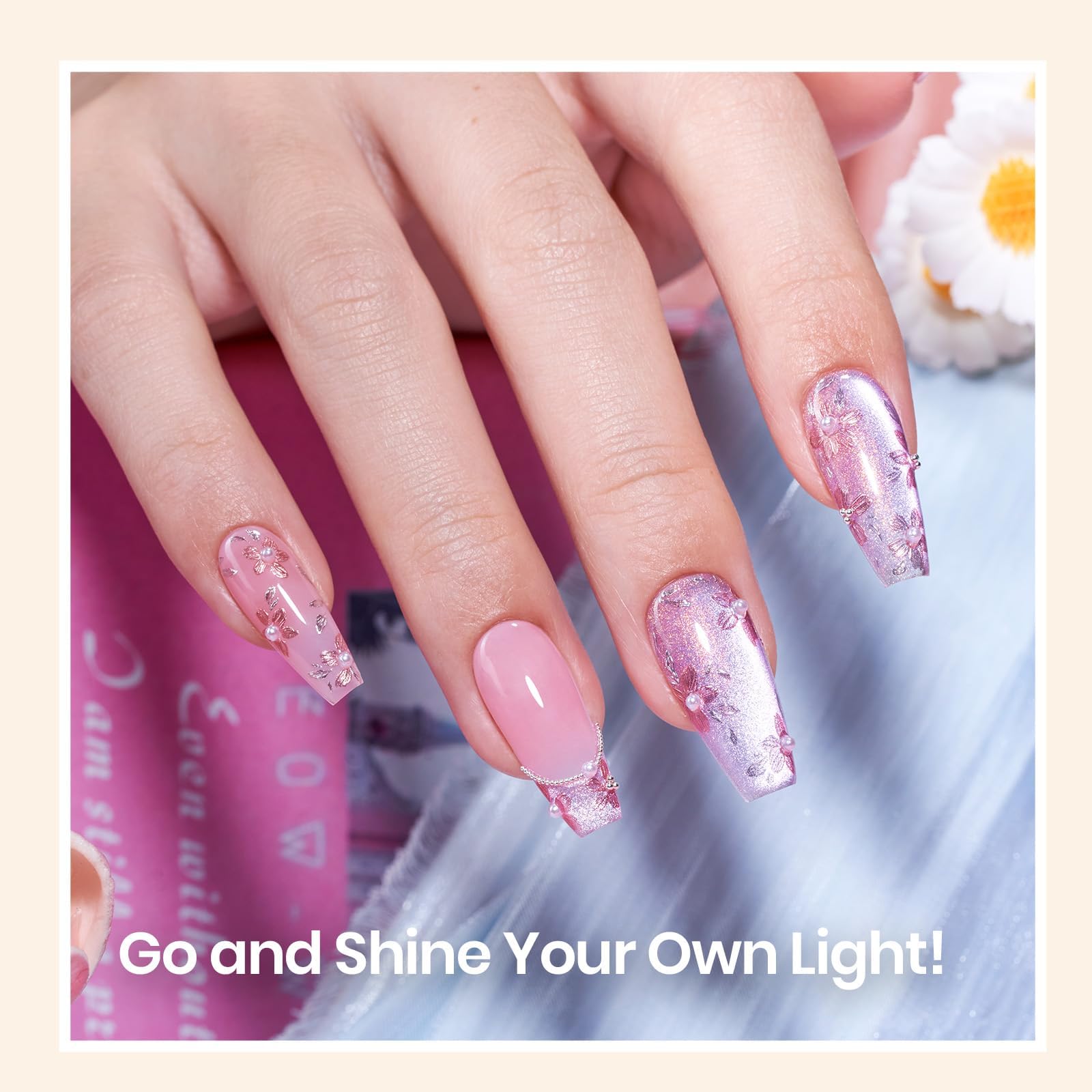 Manicure process featuring the clear sealing coat being cured under a professional nail lamp