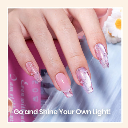 Manicure process featuring the clear sealing coat being cured under a professional nail lamp