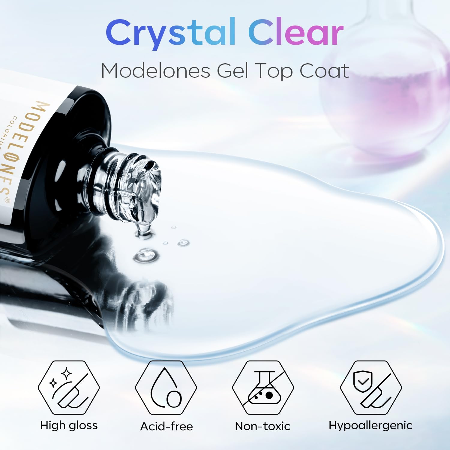 Clear high gloss gel top coat liquid texture close up on applicator brush