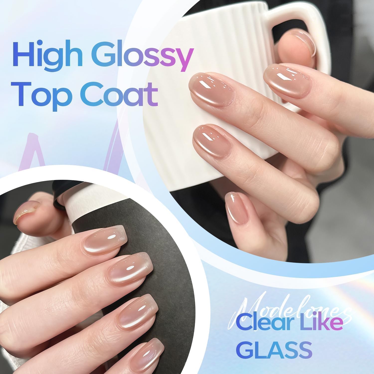 Shiny long lasting clear top coat layer applied on acrylic extension nails