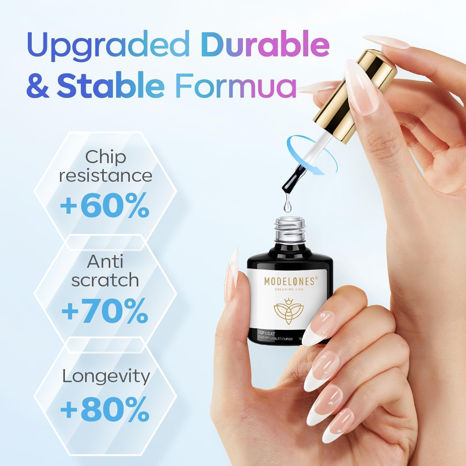 Modelones 15ml nail top coat bottle being cured under an LED lamp