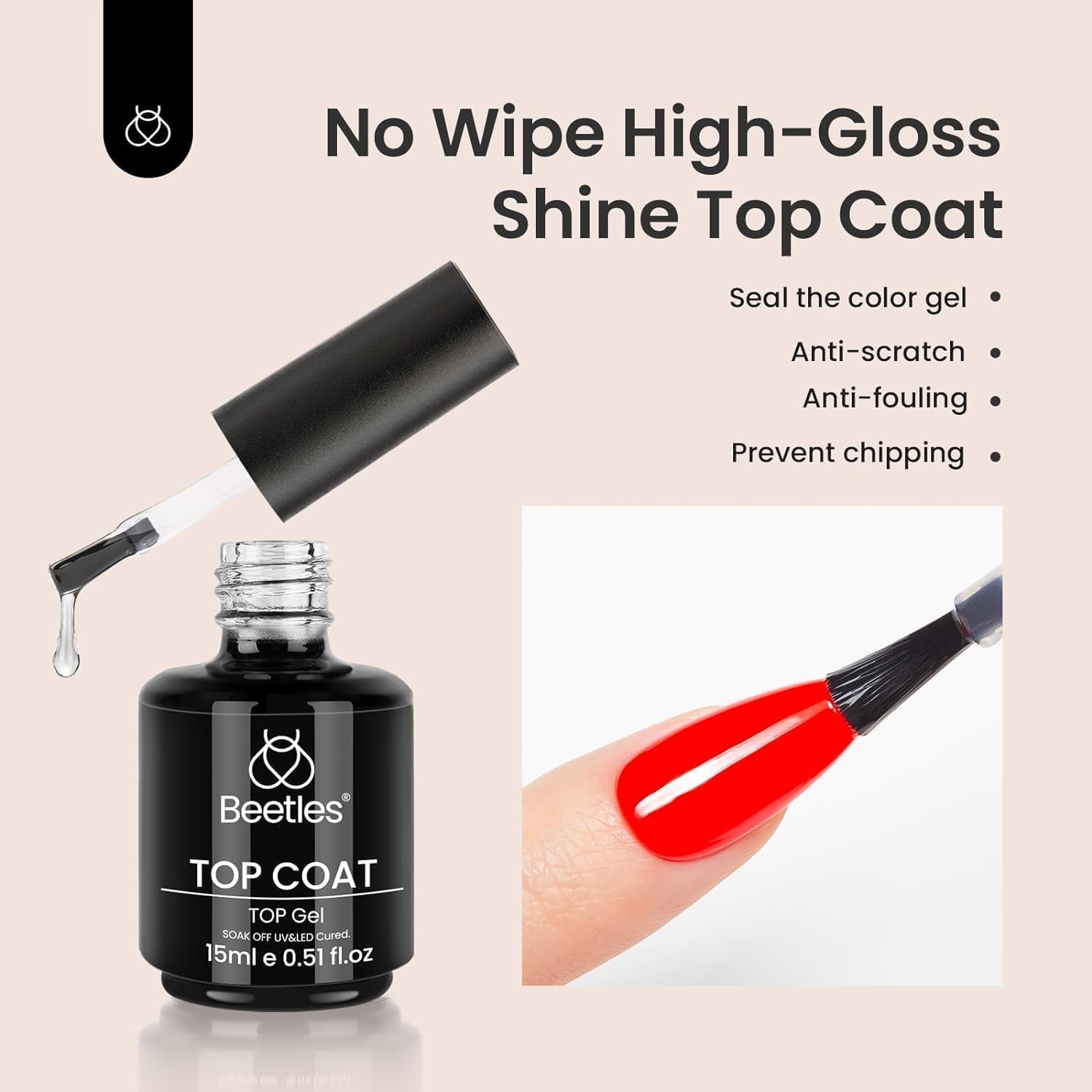 Close up of Beetles gel nail polish high gloss top coat bottle