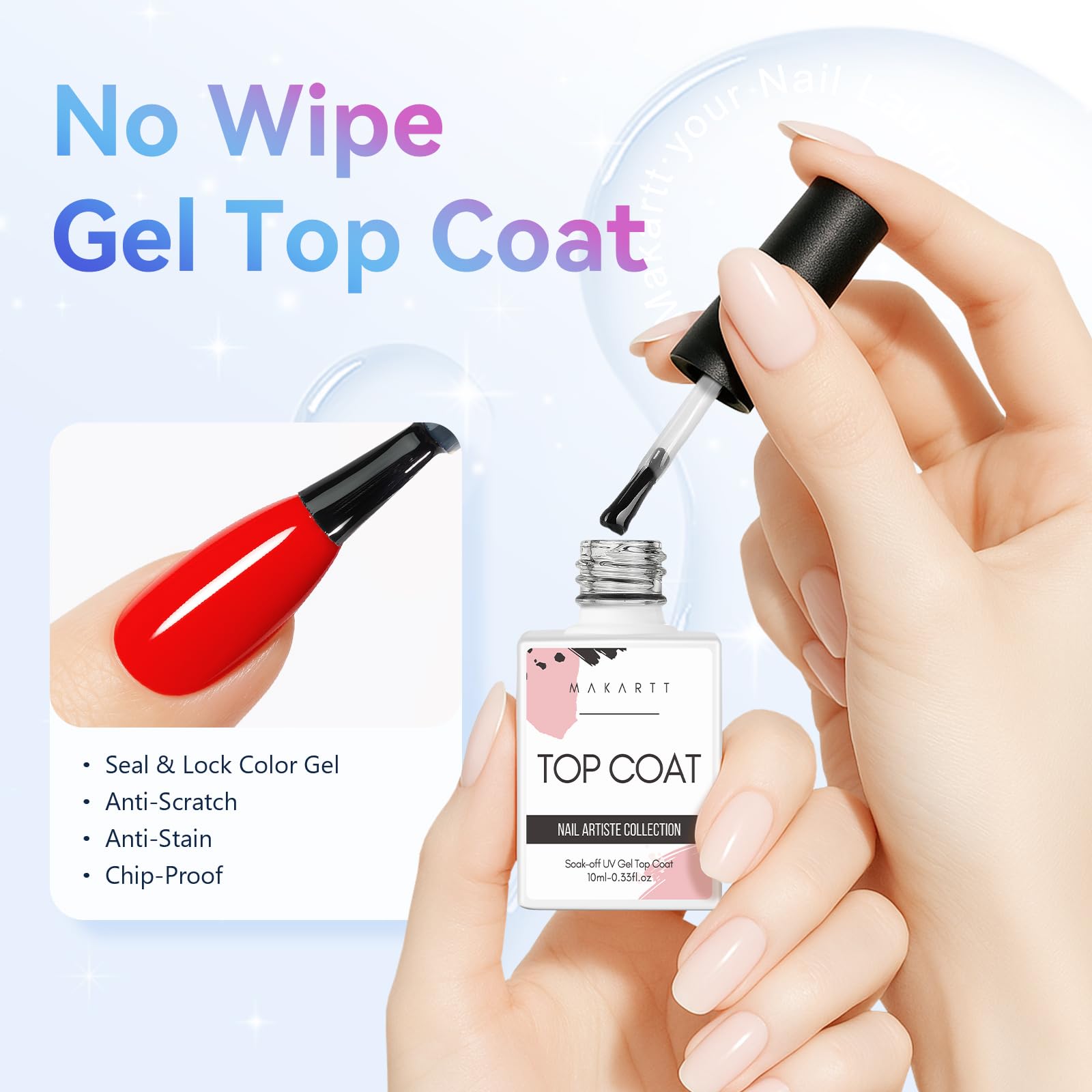 Two bottles of clear no wipe gel nail polish showing labels