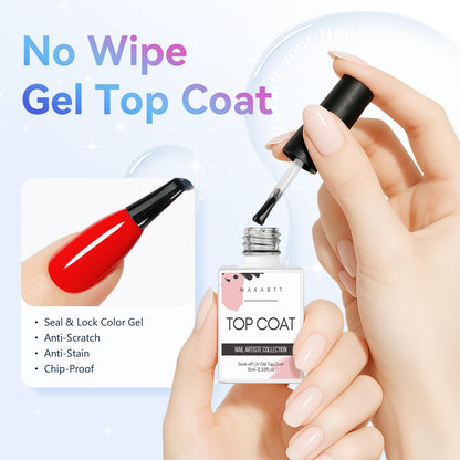 Two bottles of clear no wipe gel nail polish showing labels