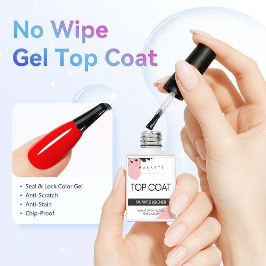Two bottles of clear no wipe gel nail polish showing labels