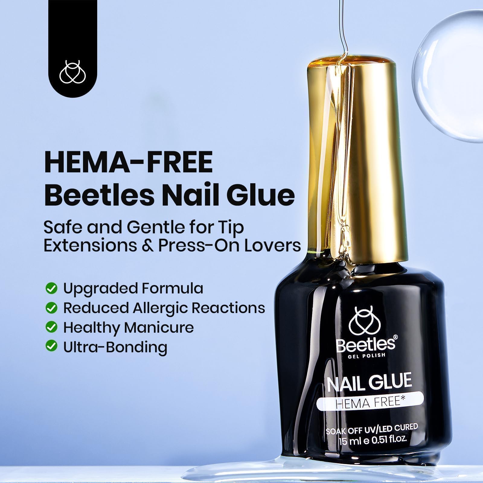 Beetles TPO-free super strong nail glue packaging showing protective ingredient safety callouts
