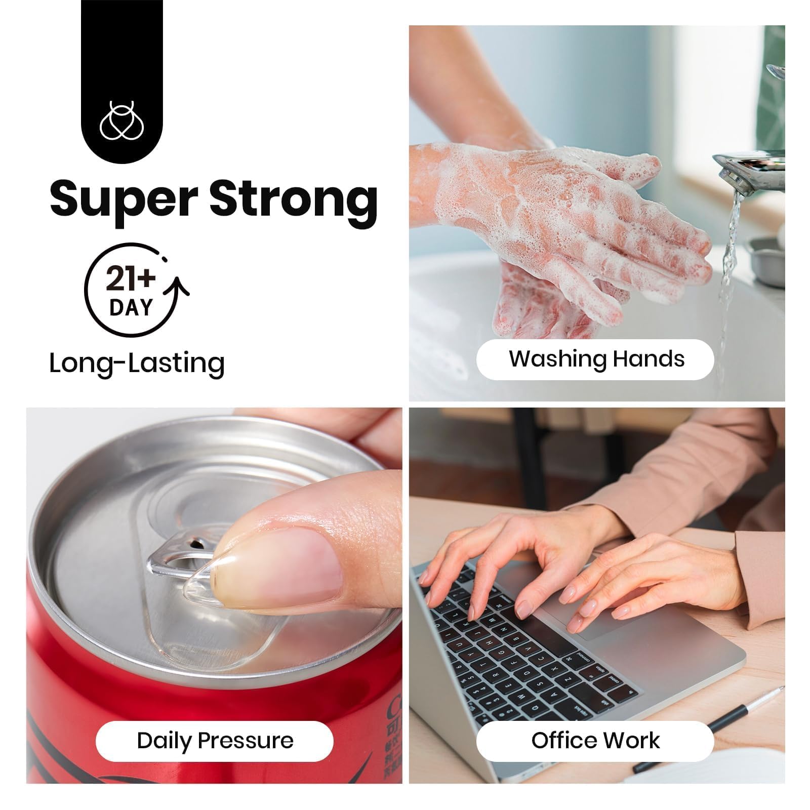 Demonstration of clear press on nail tip being attached using Beetles gel glue under a compact light