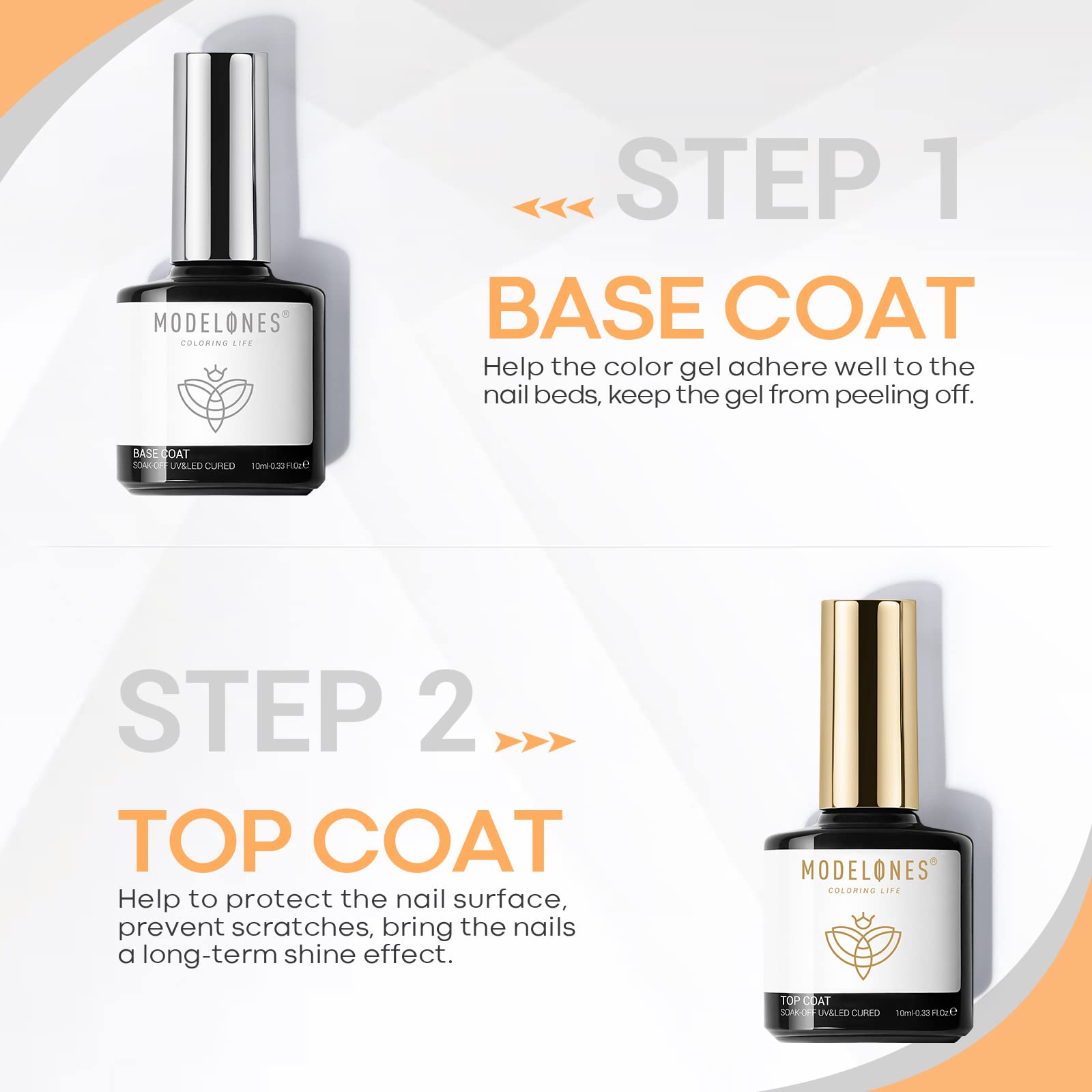 Modelones clear base coat bottle with applicator brush showing smooth gel texture