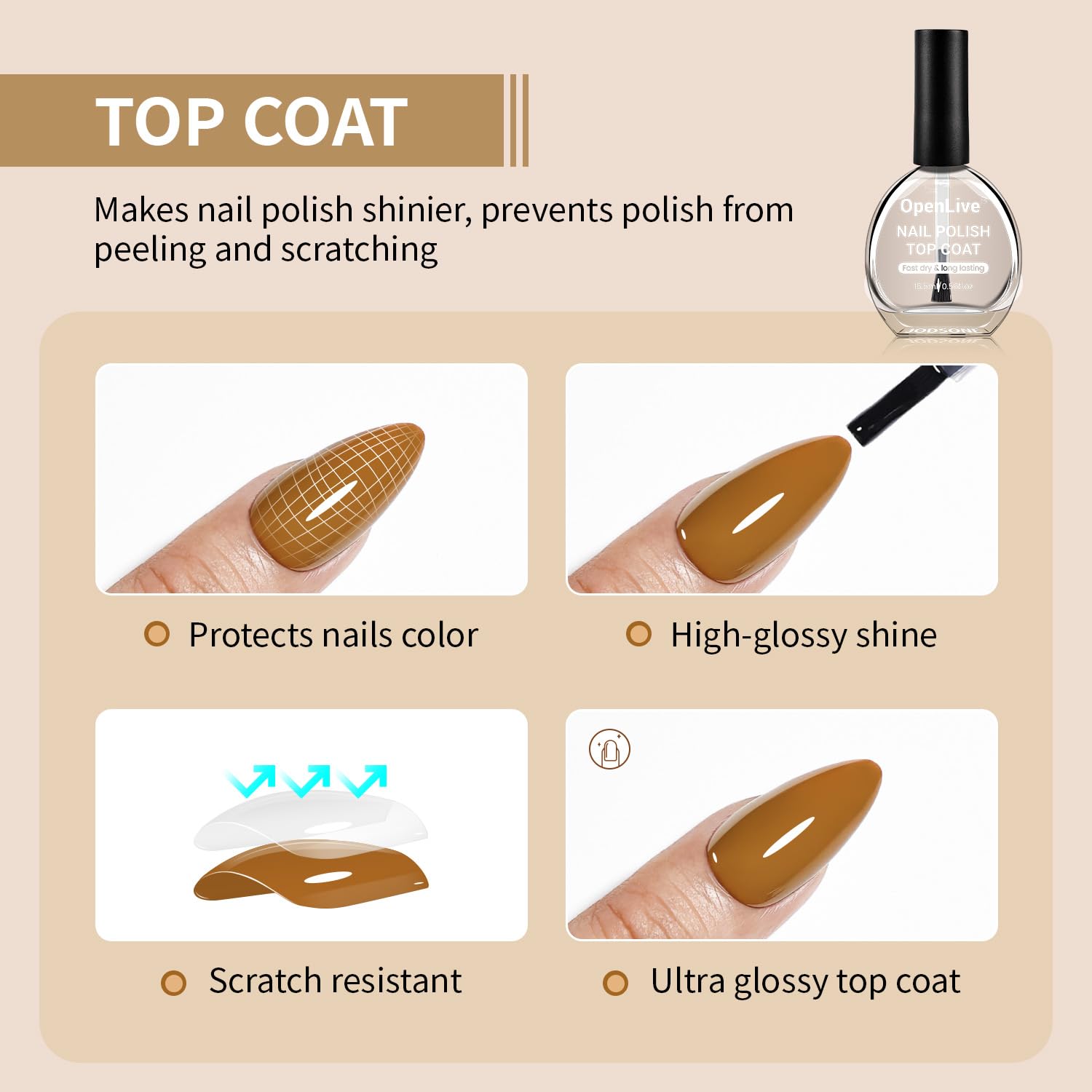 OpenLive protective base coat nail polish bottle highlighting nail color lock properties.