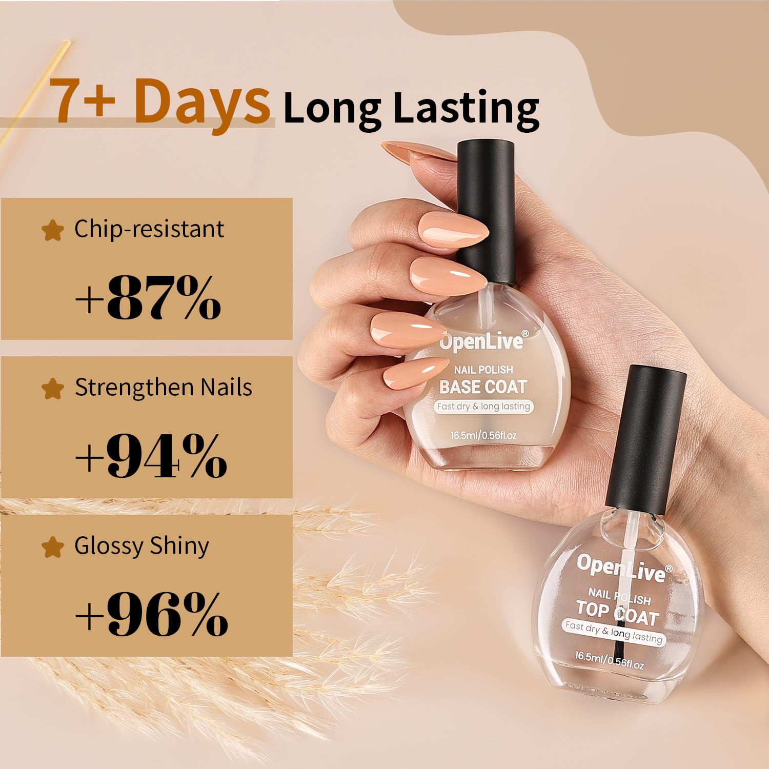 Manicure application process using OpenLive air dry fast base and top coat lacquers.