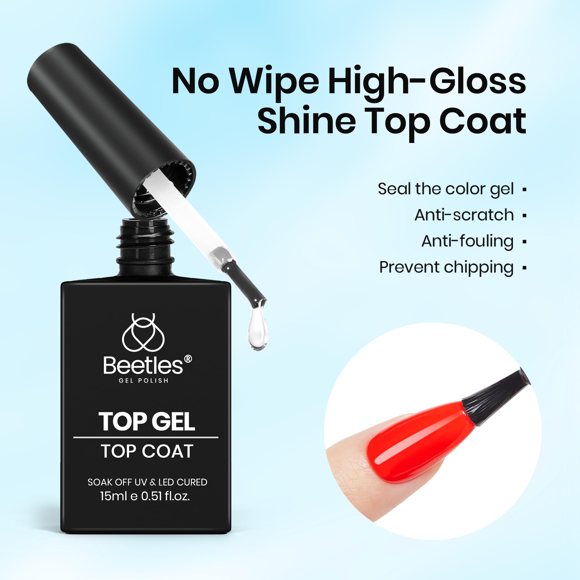 Clear gel nail polish top coat bottle with brush showing smooth consistency.