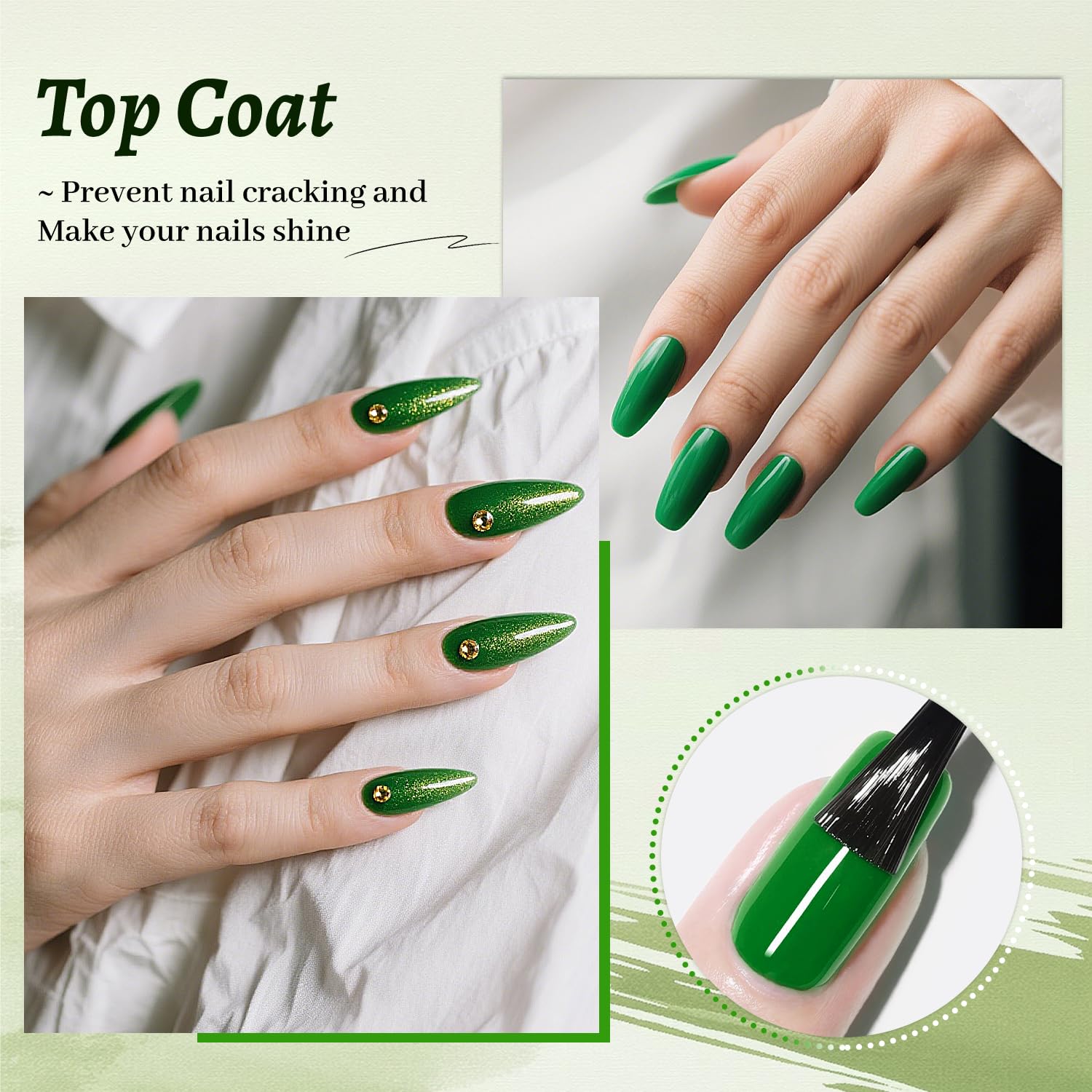 JODSONE no-wipe top coat gloss finish visual on manicured nails.