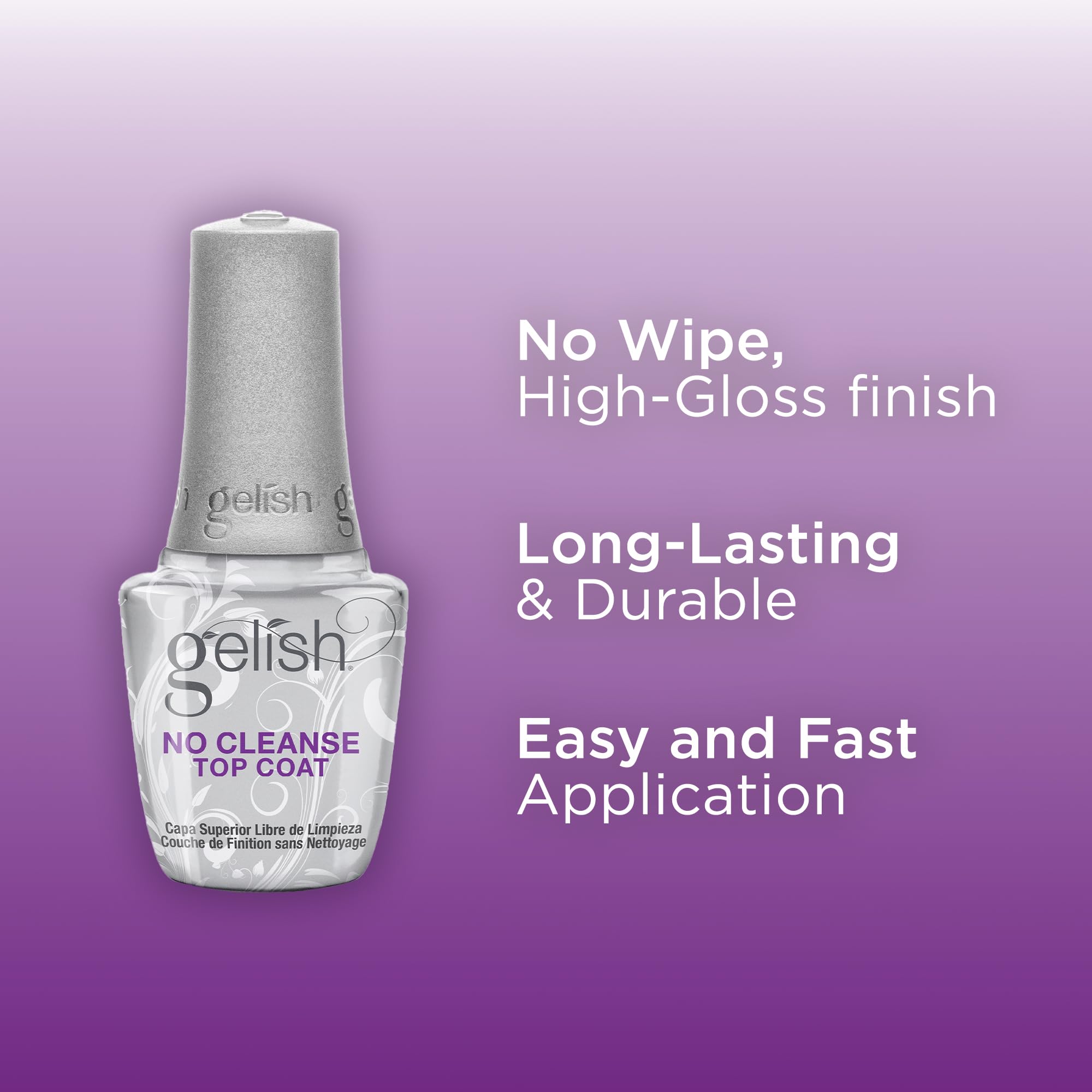 Close up of the Gelish high gloss top coat brush applicator and clear formula.