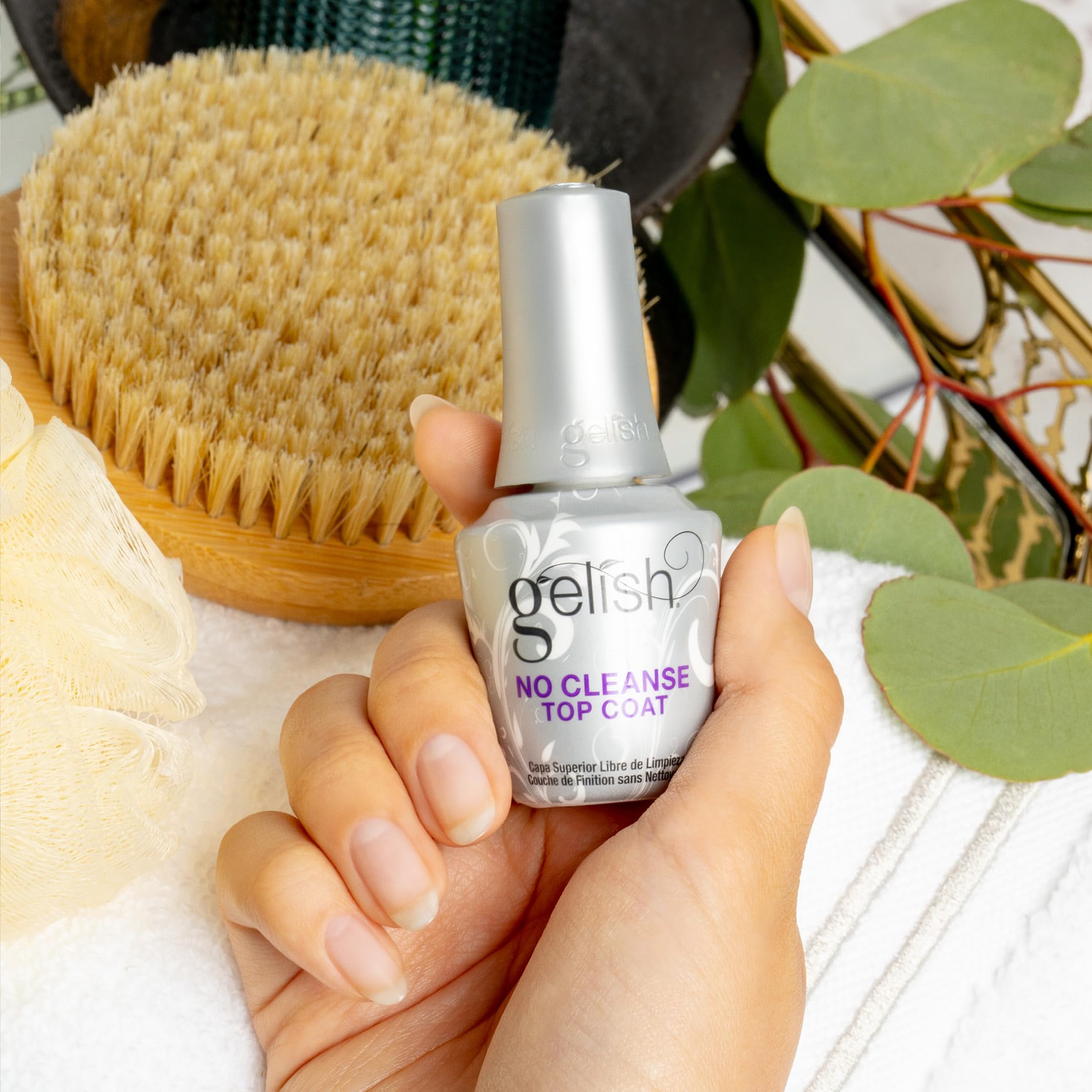 Authentic Gelish 15ml glass bottle showcasing the no cleanse product labeling.