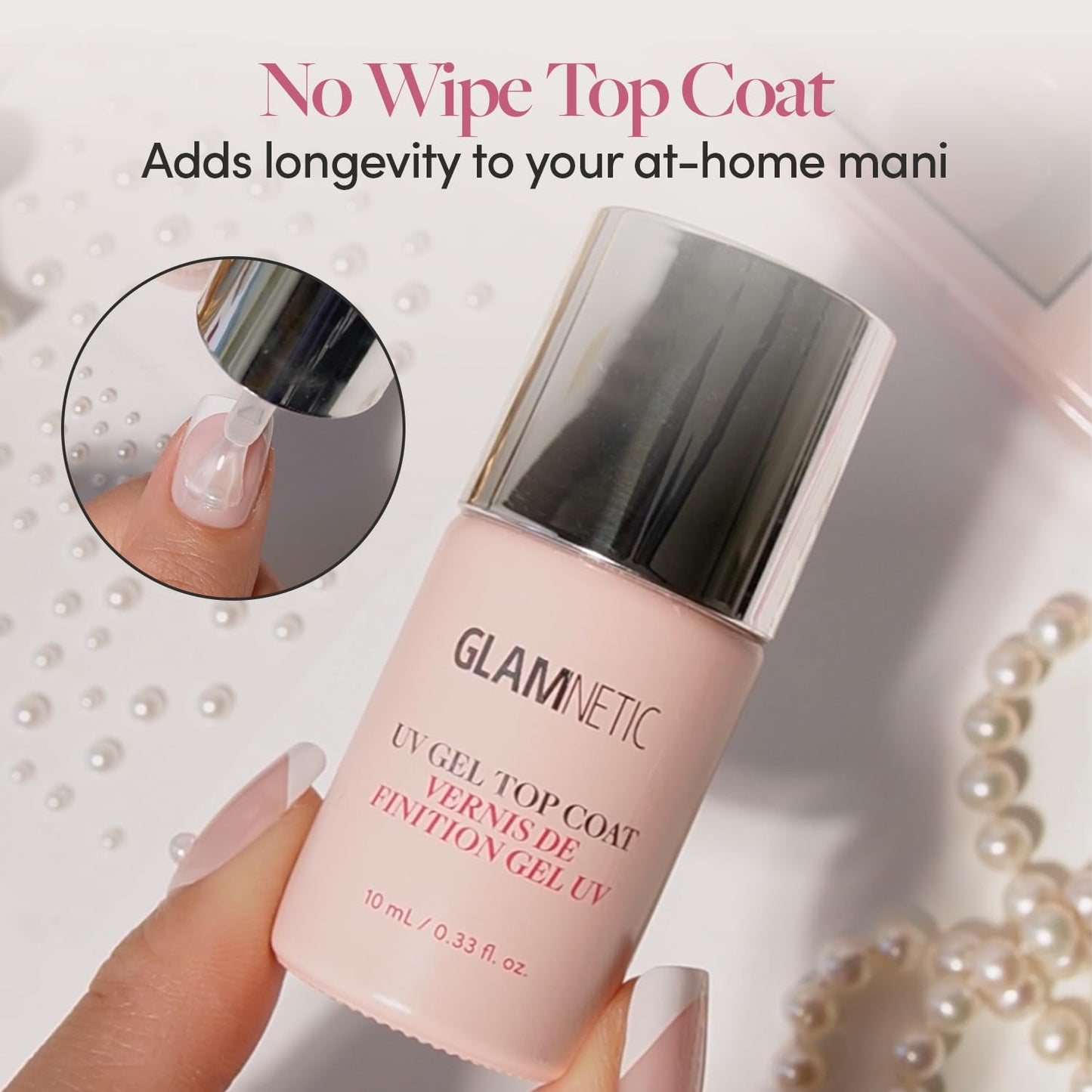 Glamnetic salon quality clear top coat packaging showcasing high gloss finish features