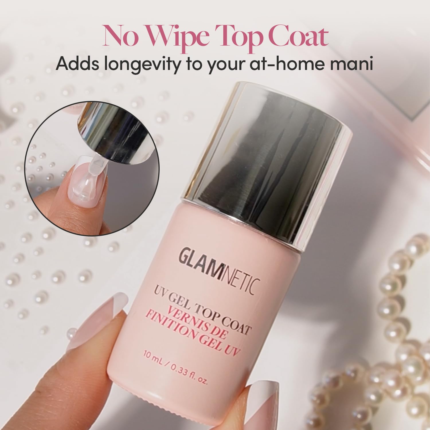 Glamnetic salon quality clear top coat packaging showcasing high gloss finish features