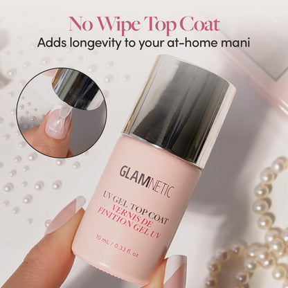 Glamnetic salon quality clear top coat packaging showcasing high gloss finish features