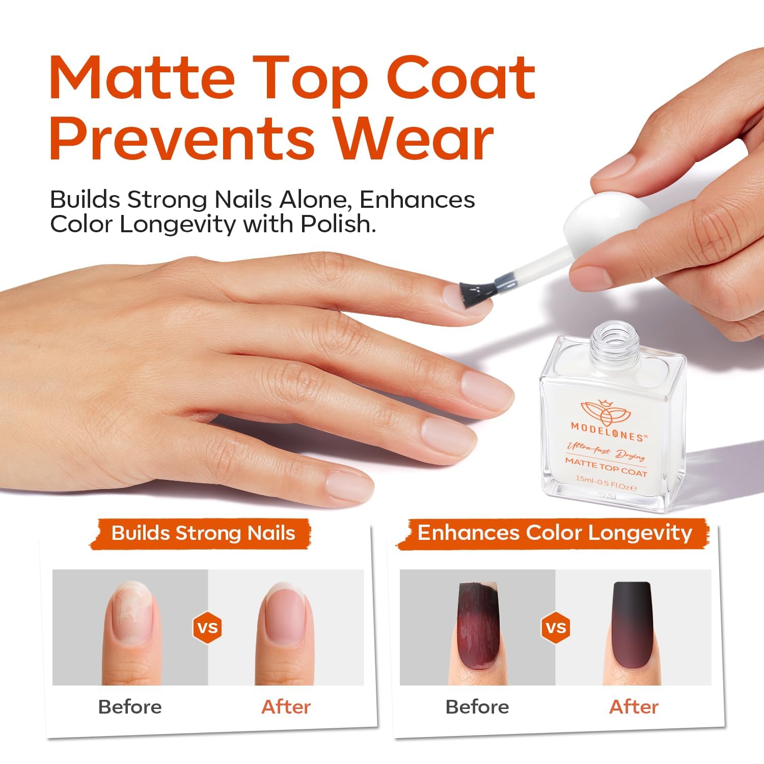 Side by side comparison of a glossy manicure versus a velvet matte nail finish