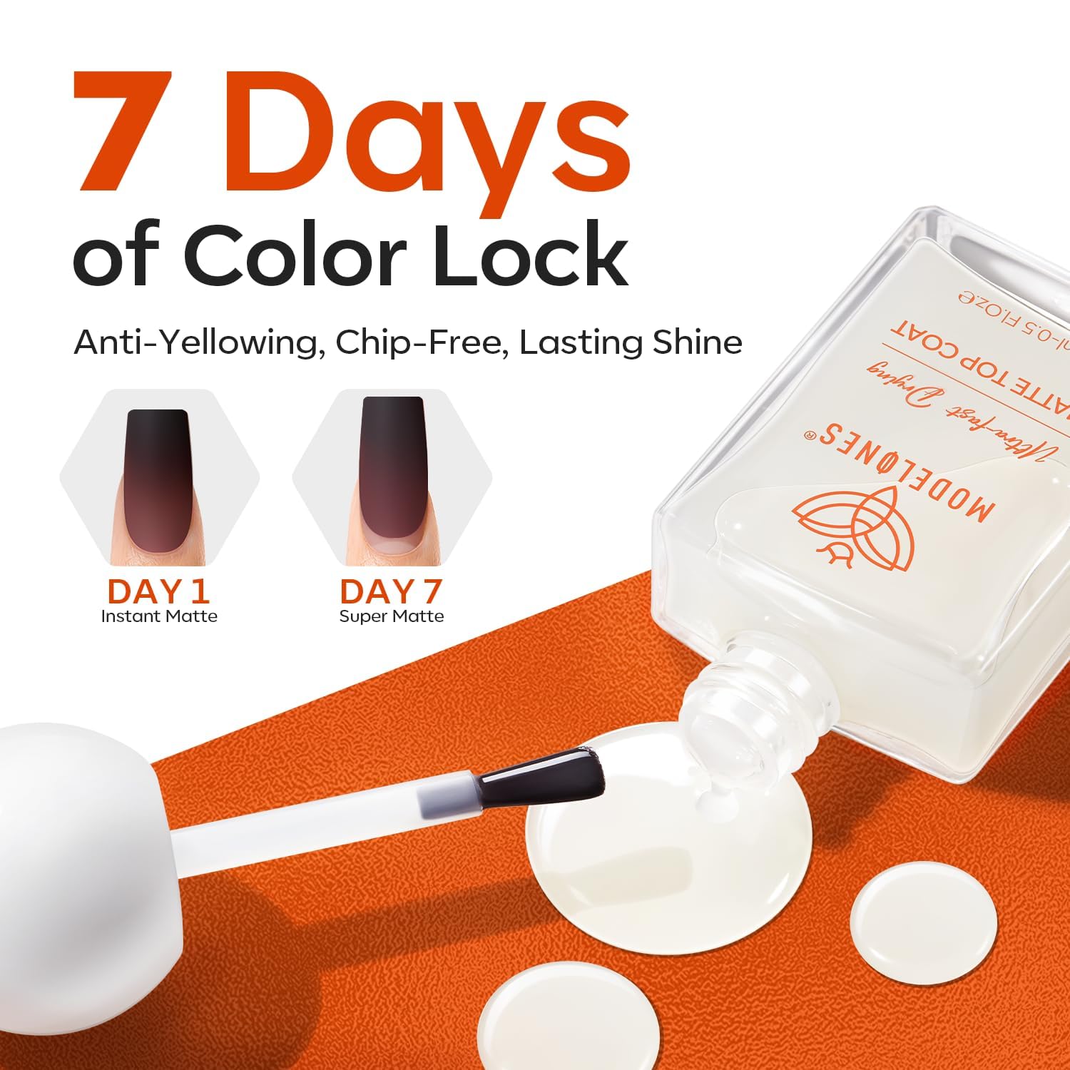 Application process showing the clear formula being painted onto a colored manicure