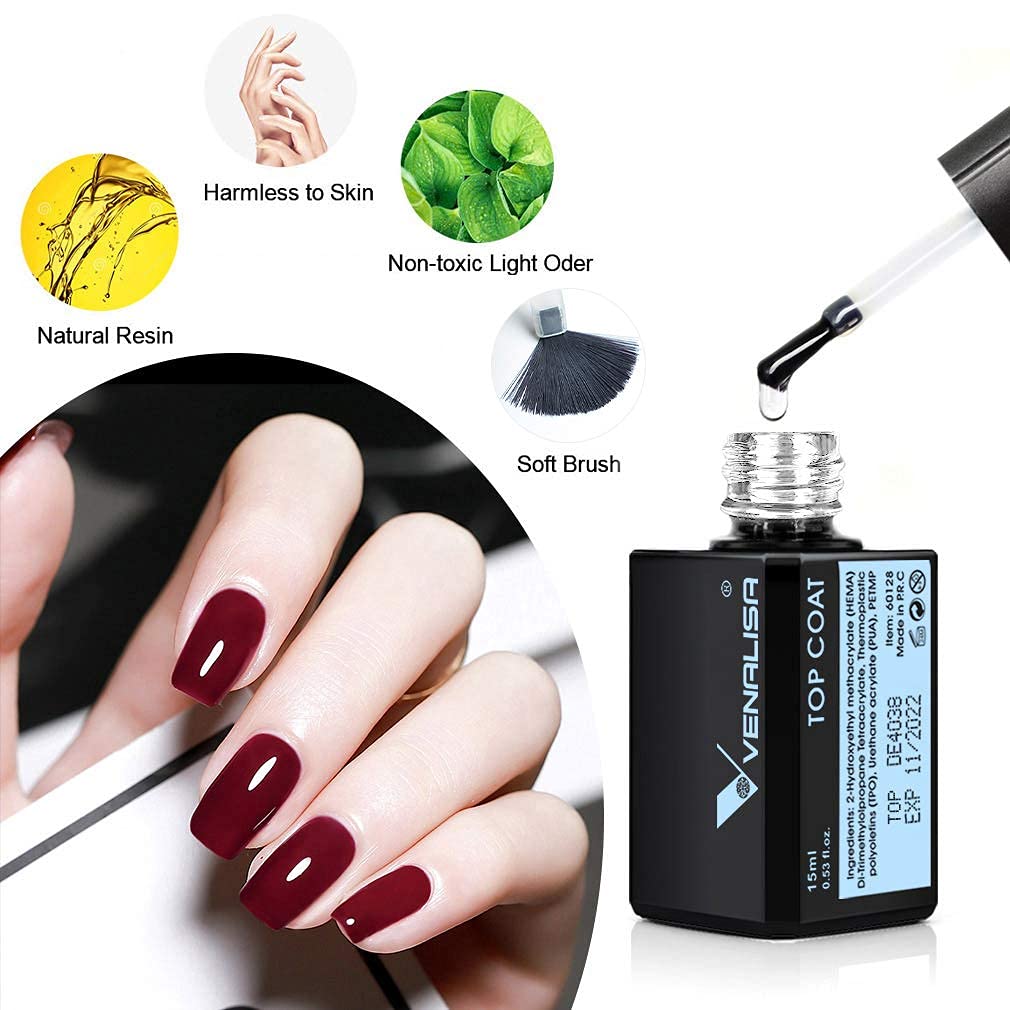 Manicure application process showing the clear top coat being applied over a colored gel base