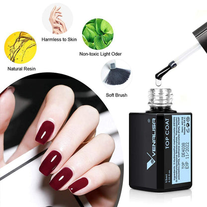 Manicure application process showing the clear top coat being applied over a colored gel base