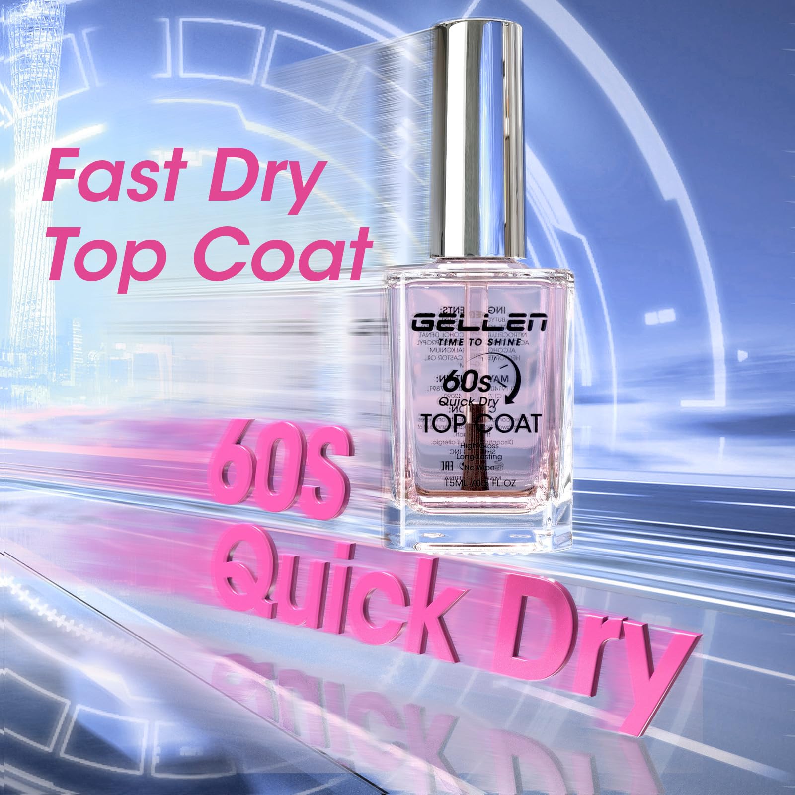 GELLEN quick dry top coat bottle next to a stylized clock showing sixty seconds dry time